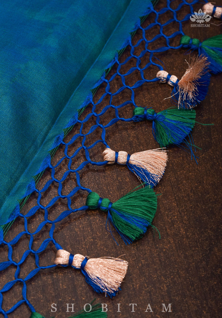 Exquisite Banarasi Floral Jaal Pure Katan Silk Saree in Peacock Blue Green Dual Tone | SILK MARK CERTIFIED