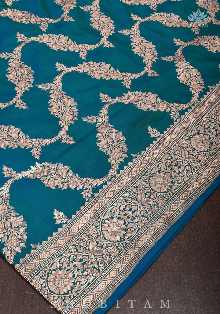 Exquisite Banarasi Floral Jaal Pure Katan Silk Saree in Peacock Blue Green Dual Tone | SILK MARK CERTIFIED