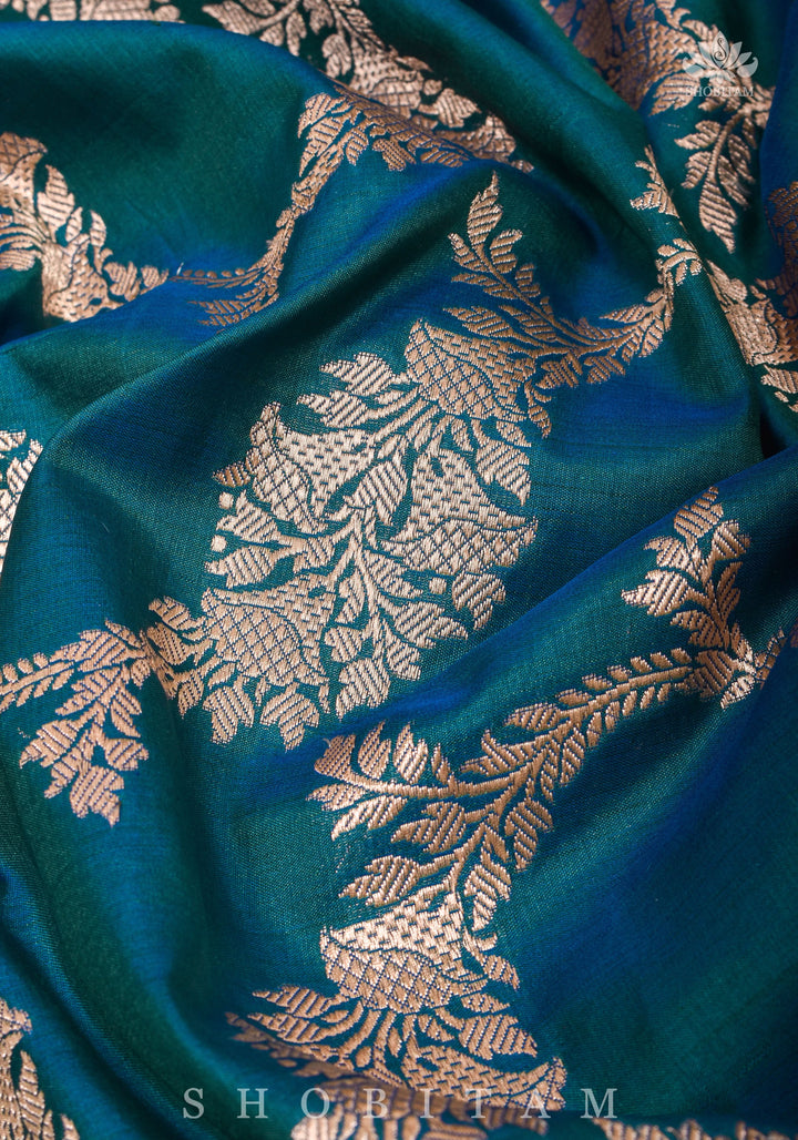 Exquisite Banarasi Floral Jaal Pure Katan Silk Saree in Peacock Blue Green Dual Tone | SILK MARK CERTIFIED