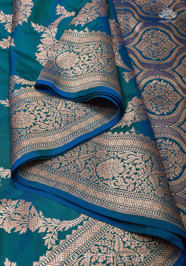 Exquisite Banarasi Floral Jaal Pure Katan Silk Saree in Peacock Blue Green Dual Tone | SILK MARK CERTIFIED