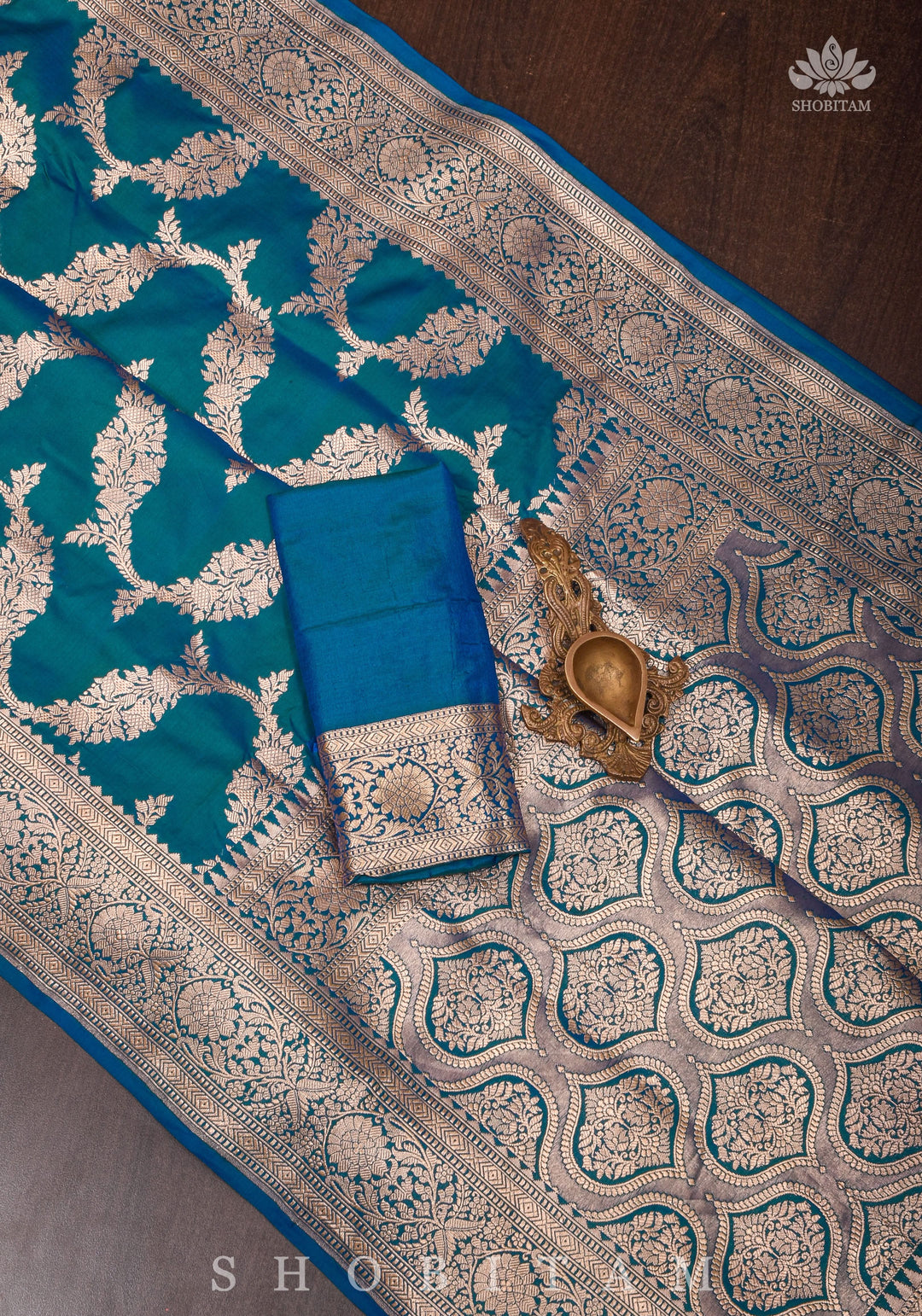 Exquisite Banarasi Floral Jaal Pure Katan Silk Saree in Peacock Blue Green Dual Tone | SILK MARK CERTIFIED