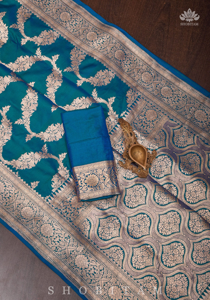 Exquisite Banarasi Floral Jaal Pure Katan Silk Saree in Peacock Blue Green Dual Tone | SILK MARK CERTIFIED