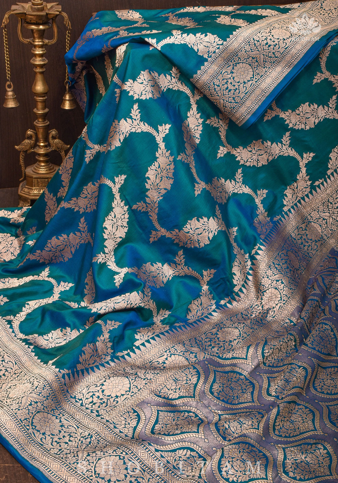 Exquisite Banarasi Floral Jaal Pure Katan Silk Saree in Peacock Blue Green Dual Tone | SILK MARK CERTIFIED
