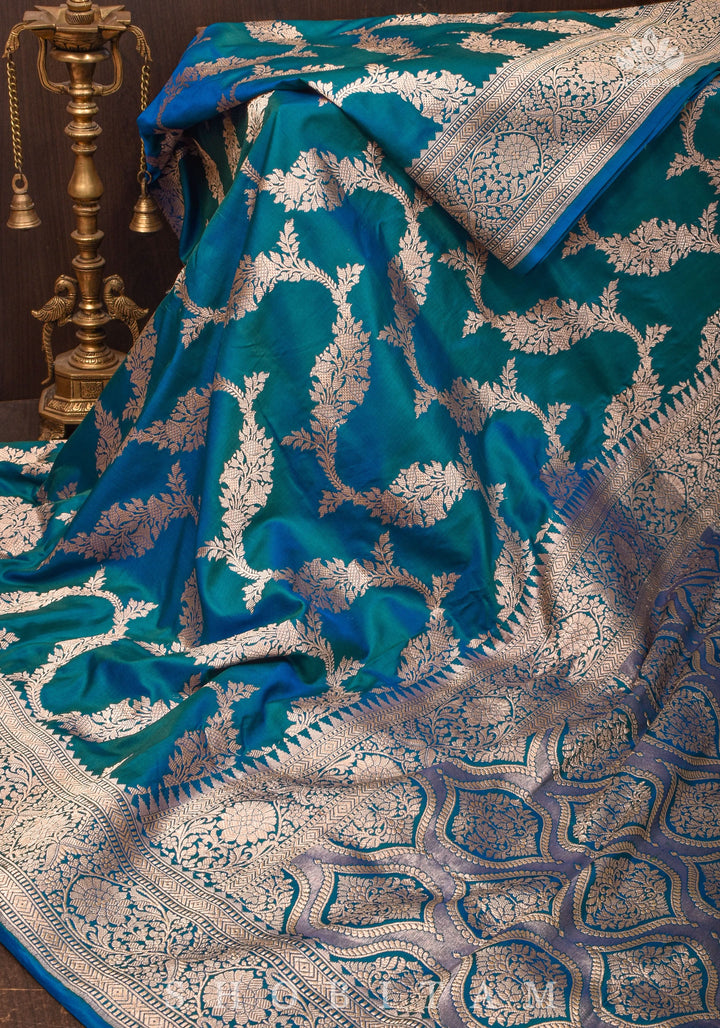Exquisite Banarasi Floral Jaal Pure Katan Silk Saree in Peacock Blue Green Dual Tone | SILK MARK CERTIFIED
