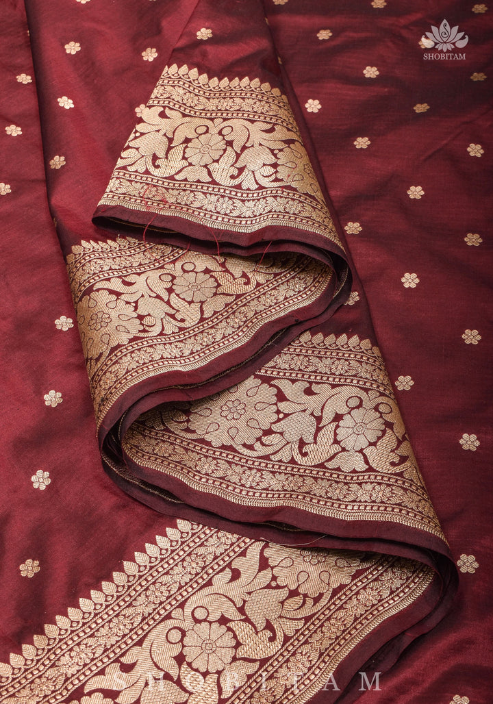 Exquisite Celebrity Banarasi Katan Silk Saree in Garnet with Chunri Buttis and resplendant pallu | SILK MARK CERTIFIED