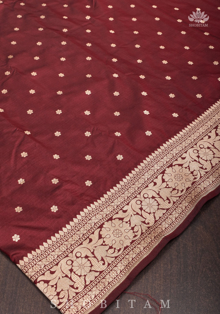 Exquisite Celebrity Banarasi Katan Silk Saree in Garnet with Chunri Buttis and resplendant pallu | SILK MARK CERTIFIED