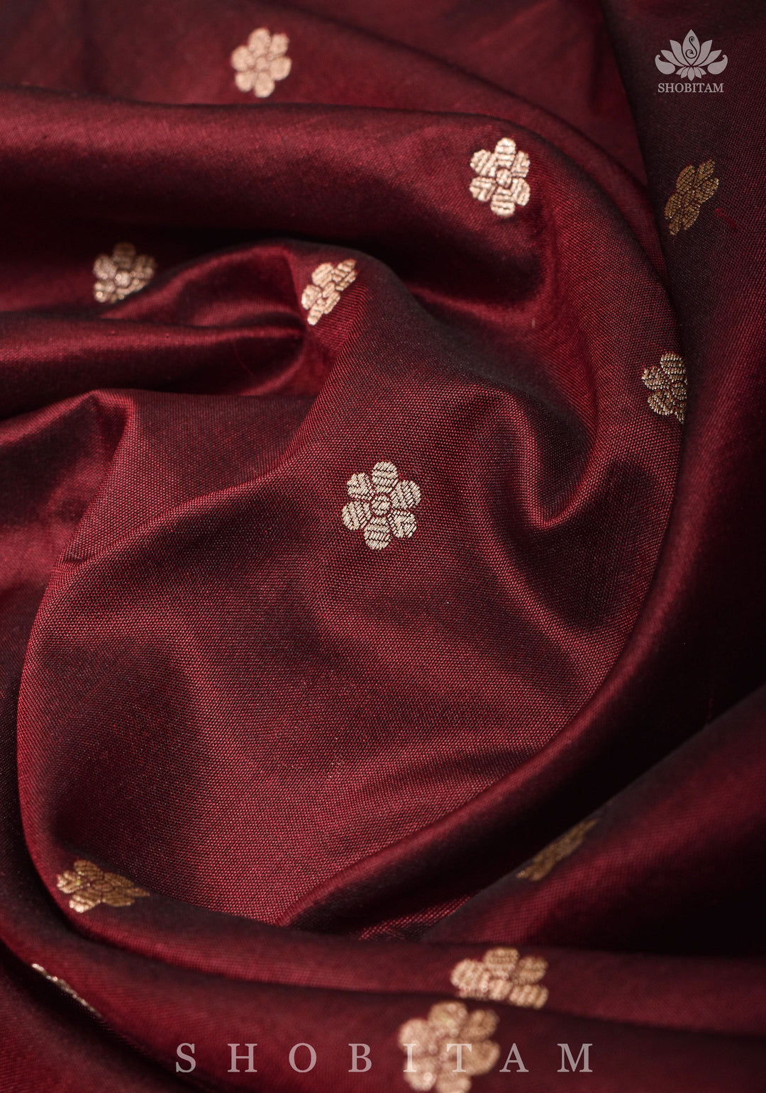 Exquisite Celebrity Banarasi Katan Silk Saree in Garnet with Chunri Buttis and resplendant pallu | SILK MARK CERTIFIED