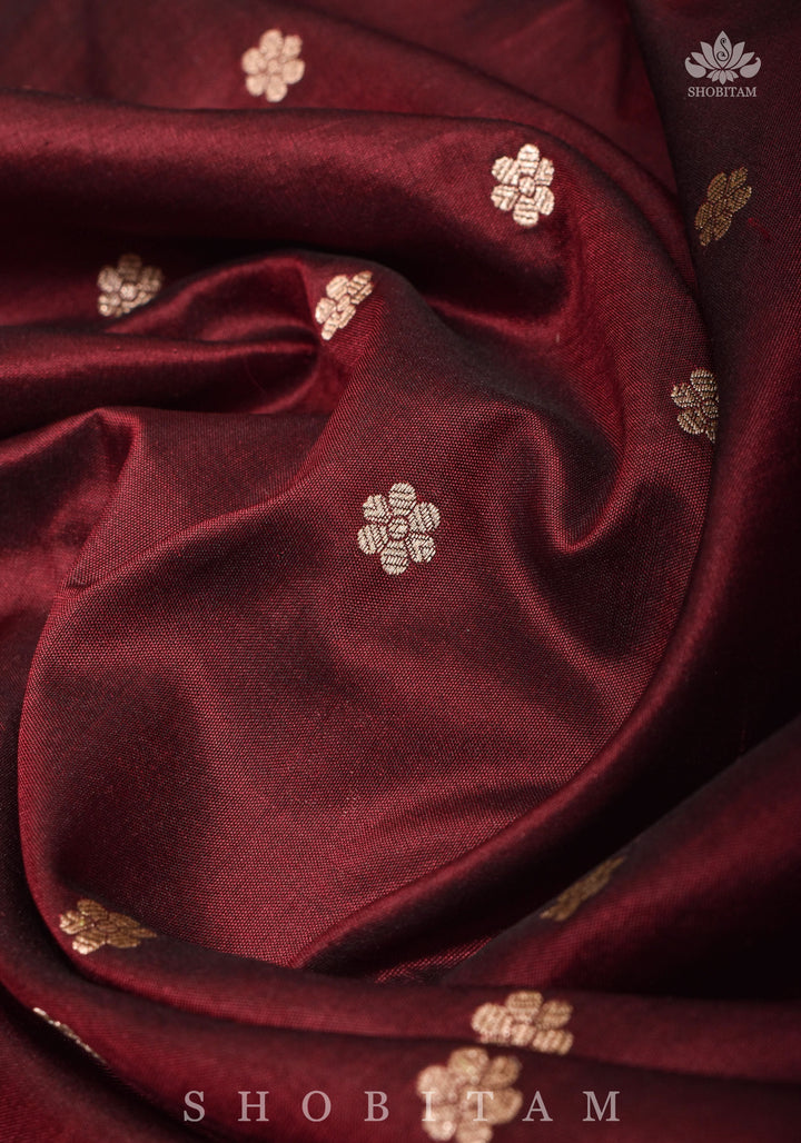 Exquisite Celebrity Banarasi Katan Silk Saree in Garnet with Chunri Buttis and resplendant pallu | SILK MARK CERTIFIED