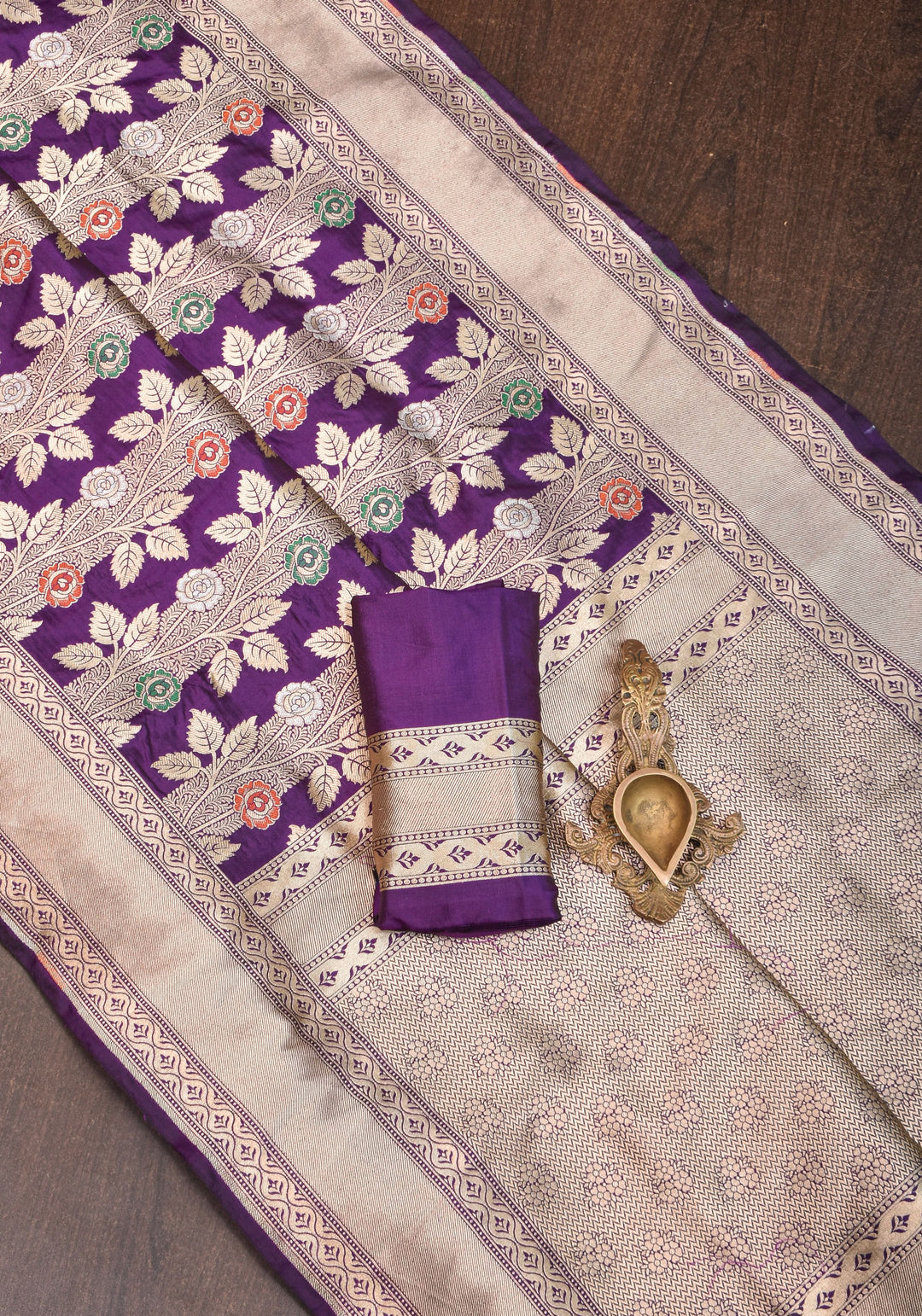 Meenakari Rose Creeper Jaal on Deep Purple Banarasi pure silk saree | SILK MARK CERTIFIED