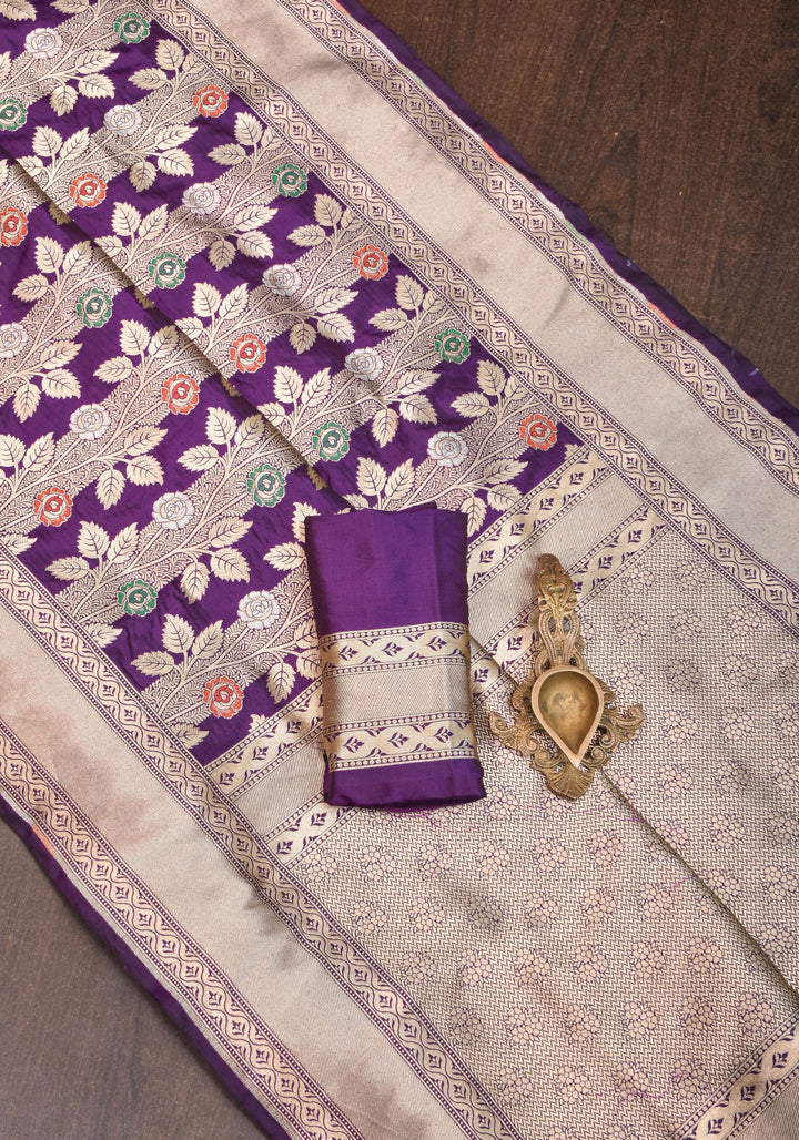 Meenakari Rose Creeper Jaal on Deep Purple Banarasi pure silk saree | SILK MARK CERTIFIED