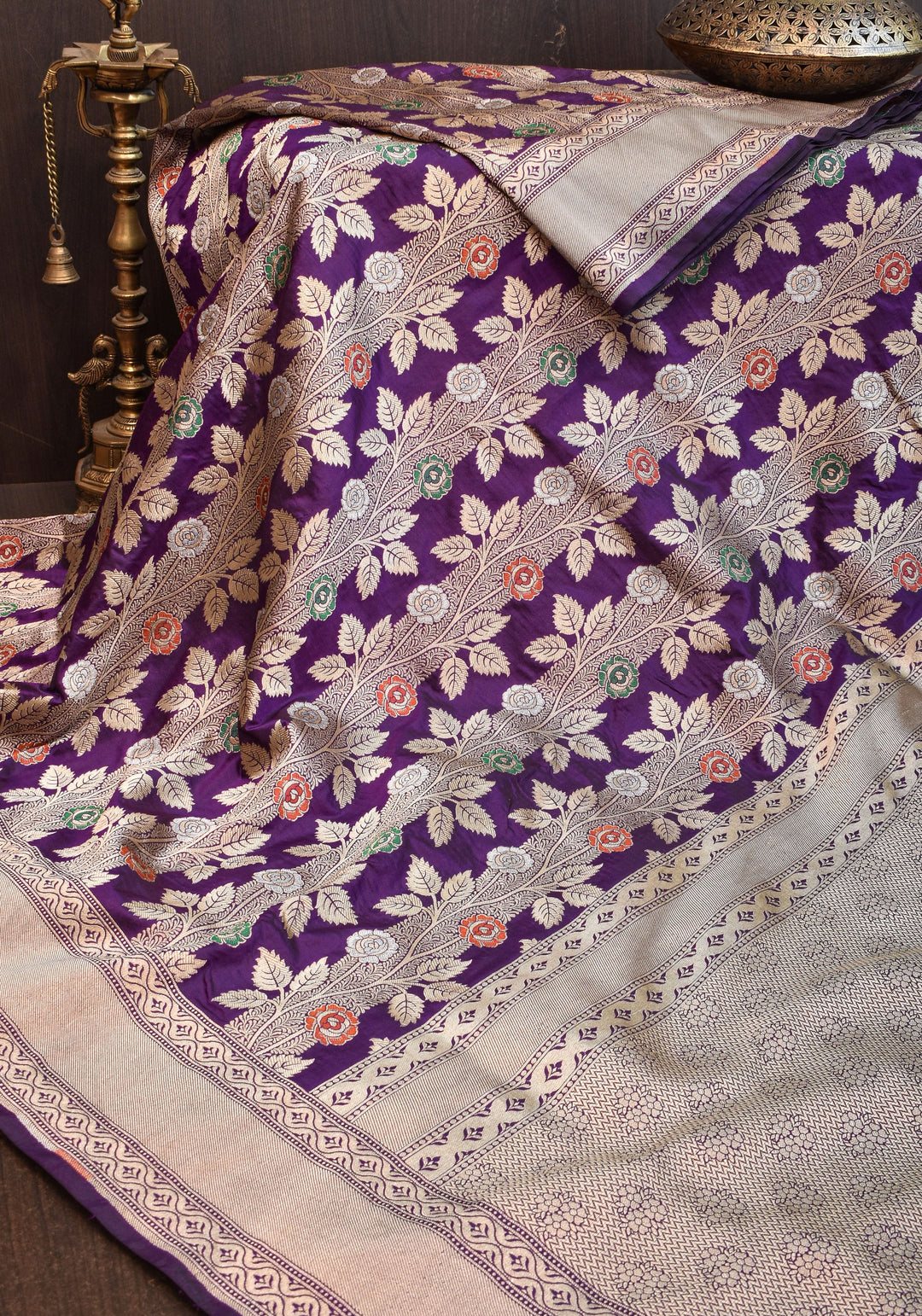 Meenakari Rose Creeper Jaal on Deep Purple Banarasi pure silk saree | SILK MARK CERTIFIED