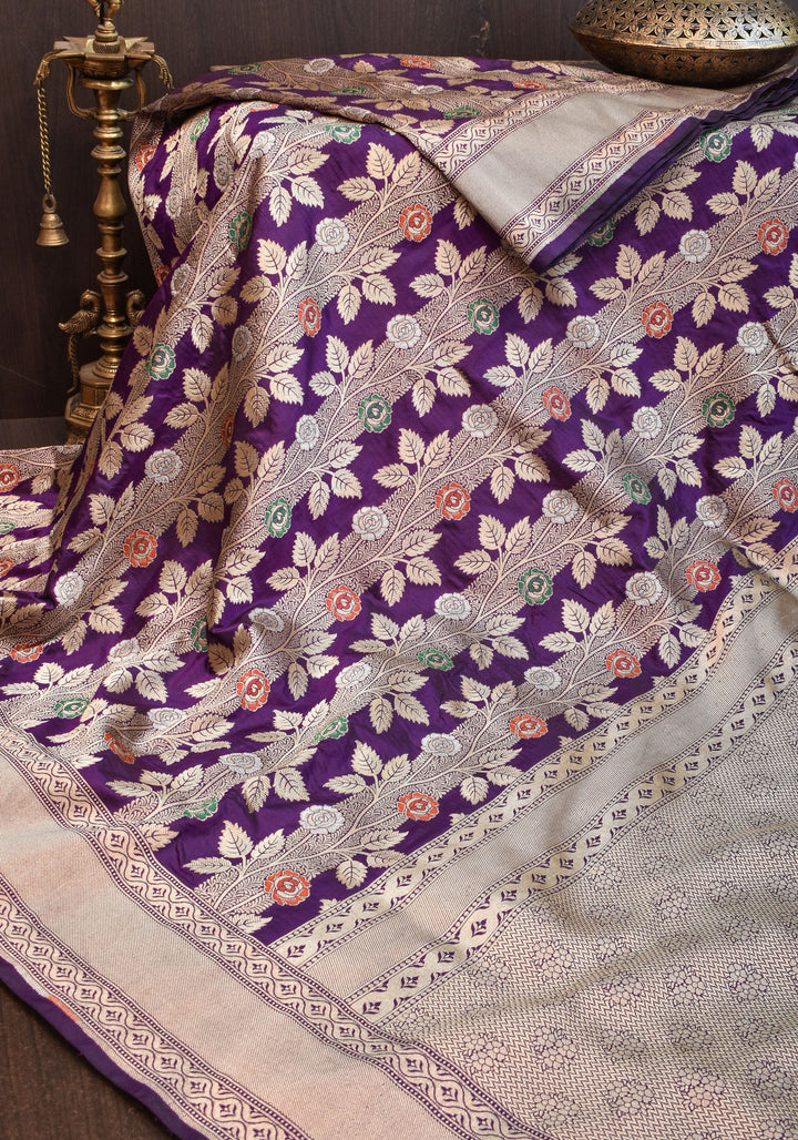 Meenakari Rose Creeper Jaal on Deep Purple Banarasi pure silk saree | SILK MARK CERTIFIED