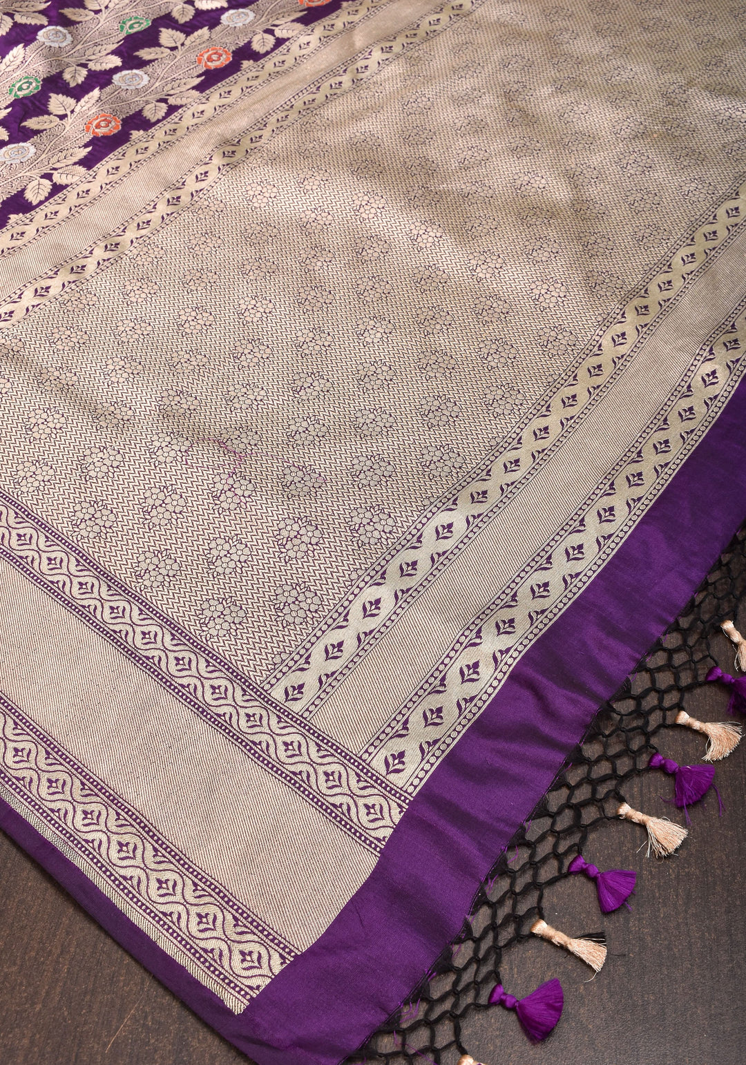 Meenakari Rose Creeper Jaal on Deep Purple Banarasi pure silk saree | SILK MARK CERTIFIED