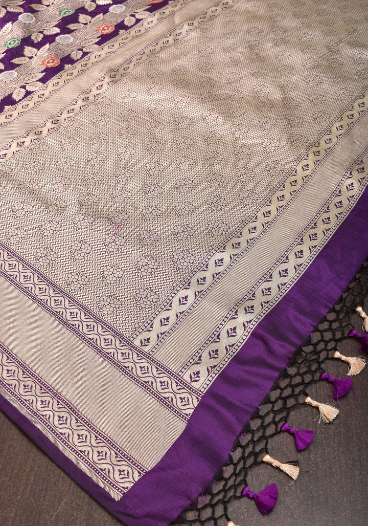 Meenakari Rose Creeper Jaal on Deep Purple Banarasi pure silk saree | SILK MARK CERTIFIED
