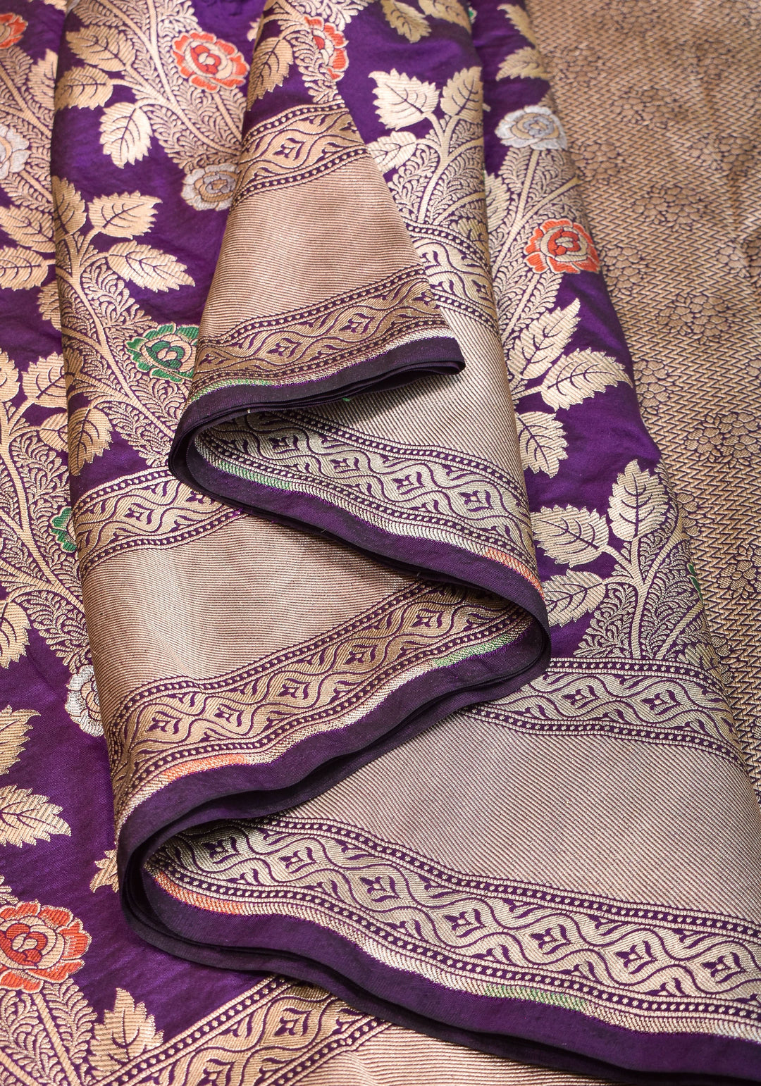 Meenakari Rose Creeper Jaal on Deep Purple Banarasi pure silk saree | SILK MARK CERTIFIED