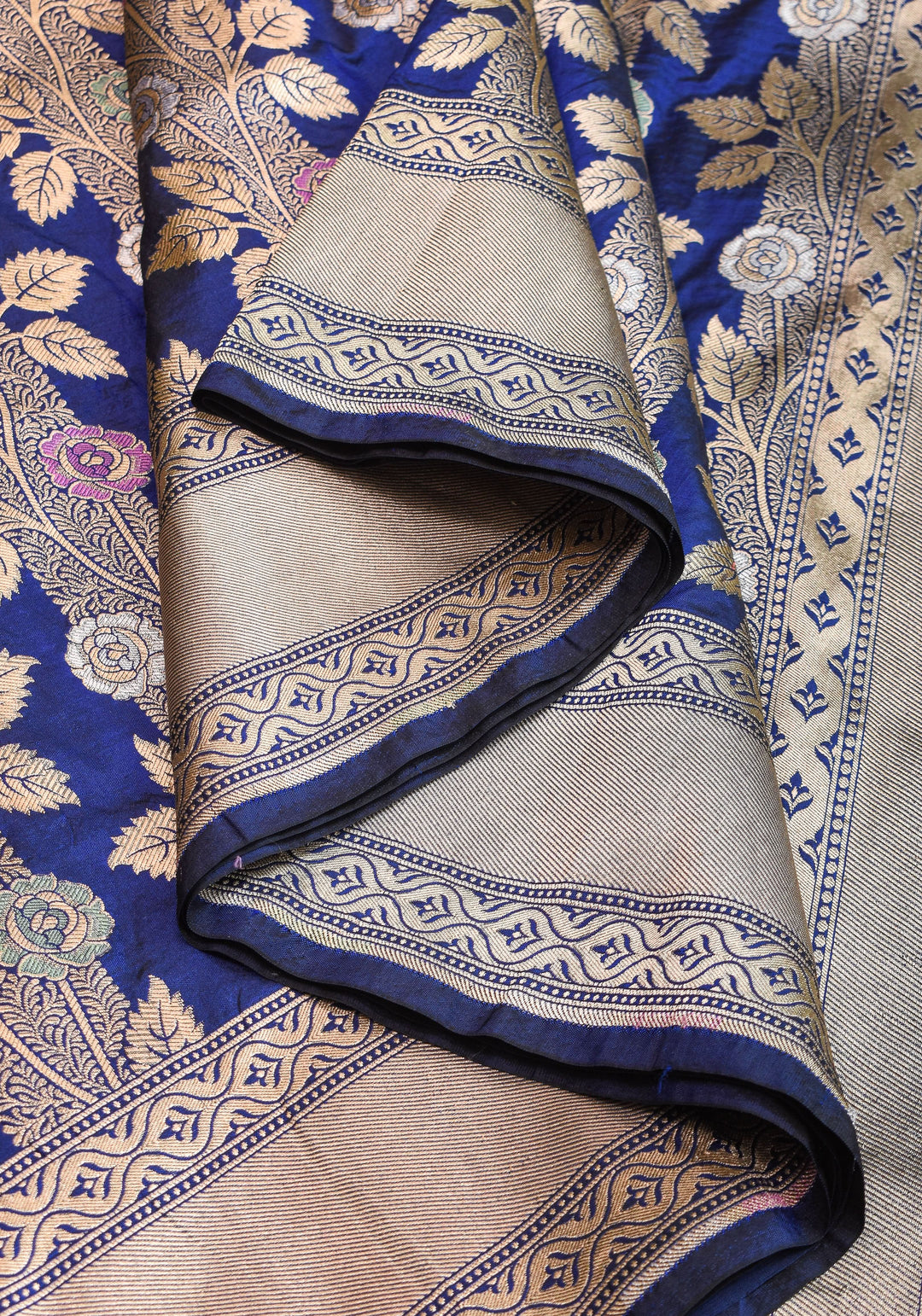 Katan Silk Banarasi Saree in Blue with Meenakari Rose Creeper Jaal  | SILK MARK CERTIFIED