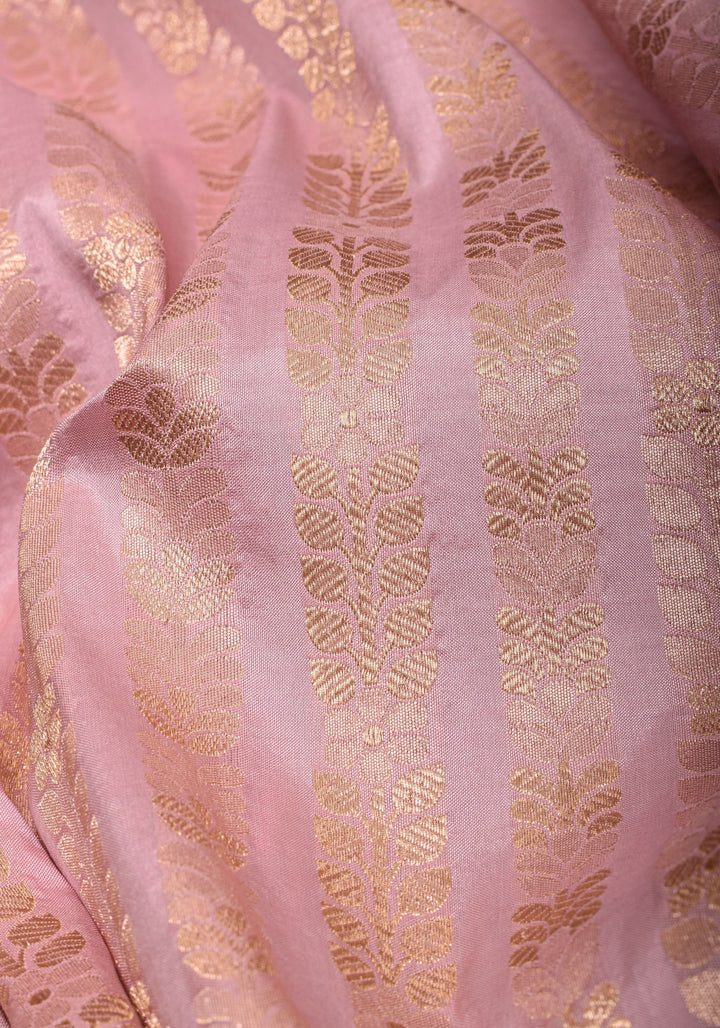Unique Scalloped Borders Pure Brocade Banarasi Katan Silk Saree in Light PInk | SILK MARK CERTIFIED | SHOBITAM