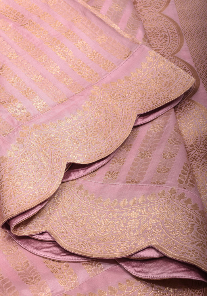 Unique Scalloped Borders Pure Brocade Banarasi Katan Silk Saree in Light PInk | SILK MARK CERTIFIED | SHOBITAM