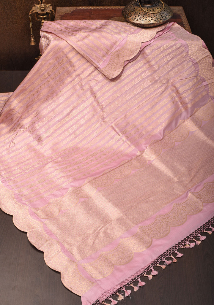 Unique Scalloped Borders Pure Brocade Banarasi Katan Silk Saree in Light PInk | SILK MARK CERTIFIED | SHOBITAM
