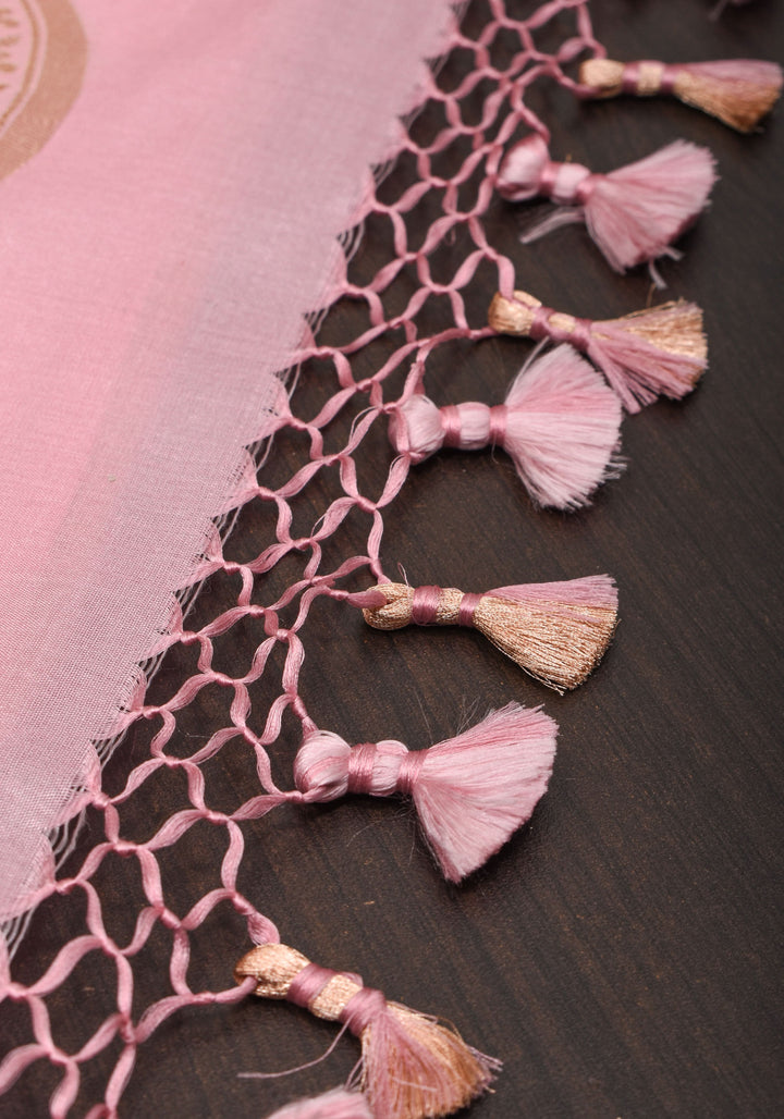 Unique Scalloped Borders Pure Brocade Banarasi Katan Silk Saree in Light PInk | SILK MARK CERTIFIED | SHOBITAM