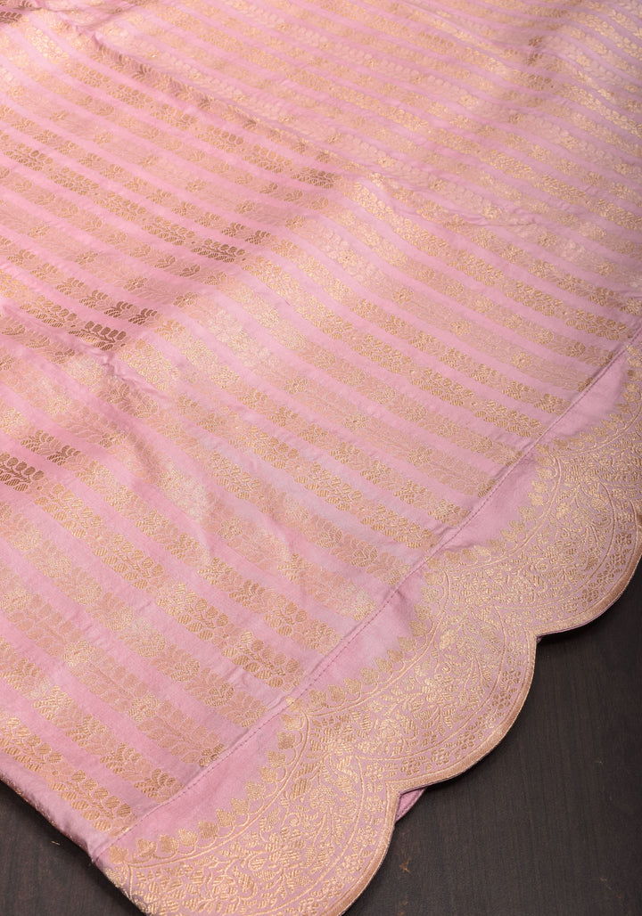 Unique Scalloped Borders Pure Brocade Banarasi Katan Silk Saree in Light PInk | SILK MARK CERTIFIED | SHOBITAM