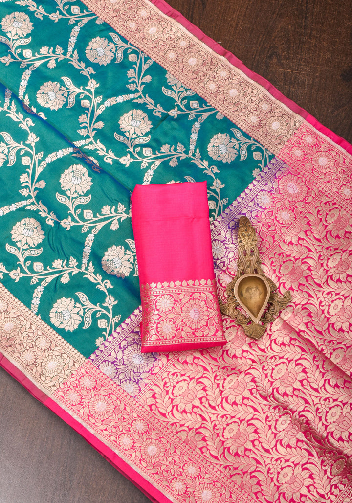 Alfi Pure Katan Silk Banarasi Saree in Dual tone Peacock Blue Green with Floral Jaal Weave | SILK MARK CERTIFIED
