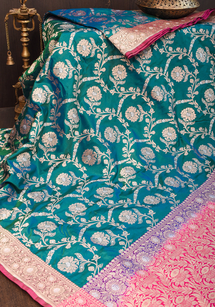 Alfi Pure Katan Silk Banarasi Saree in Dual tone Peacock Blue Green with Floral Jaal Weave | SILK MARK CERTIFIED