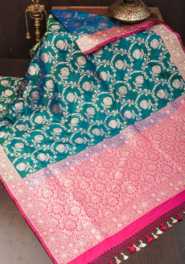 Alfi Pure Katan Silk Banarasi Saree in Dual tone Peacock Blue Green with Floral Jaal Weave | SILK MARK CERTIFIED