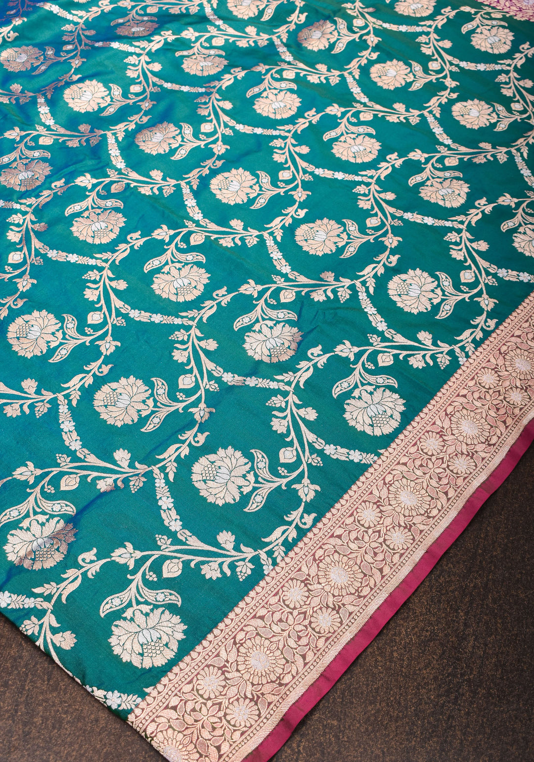 Alfi Pure Katan Silk Banarasi Saree in Dual tone Peacock Blue Green with Floral Jaal Weave | SILK MARK CERTIFIED
