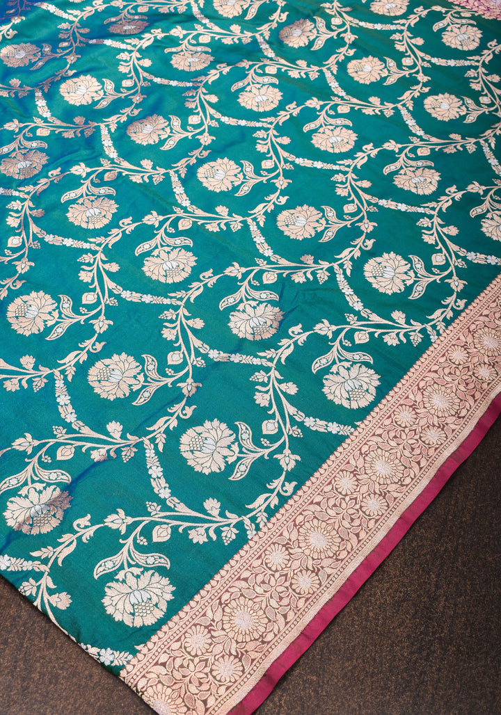Alfi Pure Katan Silk Banarasi Saree in Dual tone Peacock Blue Green with Floral Jaal Weave | SILK MARK CERTIFIED