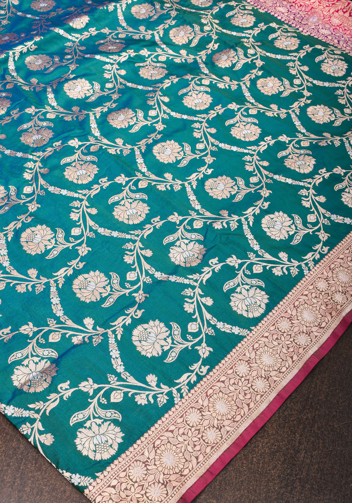 Alfi Pure Katan Silk Banarasi Saree in Dual tone Peacock Blue Green with Floral Jaal Weave | SILK MARK CERTIFIED
