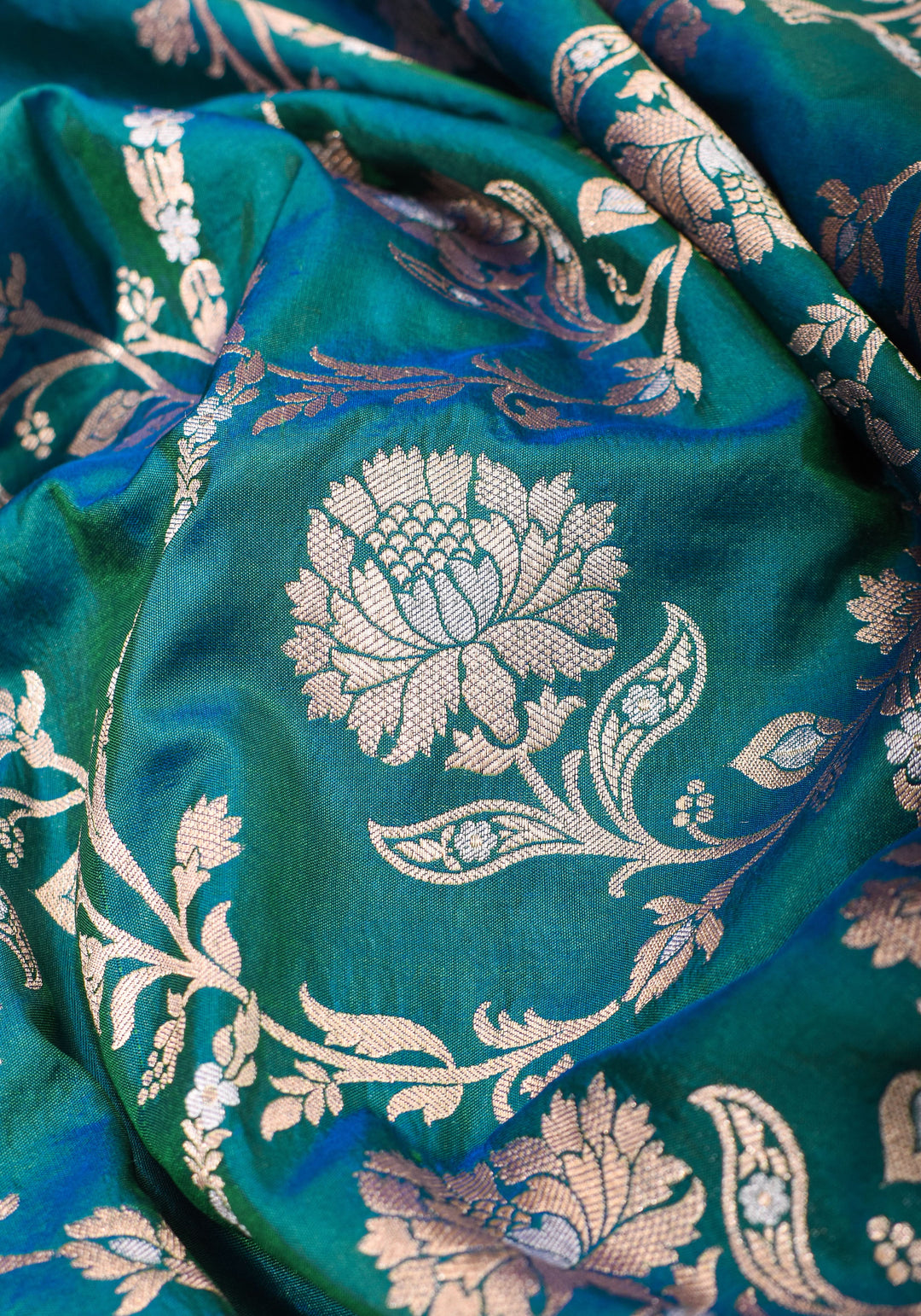Alfi Pure Katan Silk Banarasi Saree in Dual tone Peacock Blue Green with Floral Jaal Weave | SILK MARK CERTIFIED