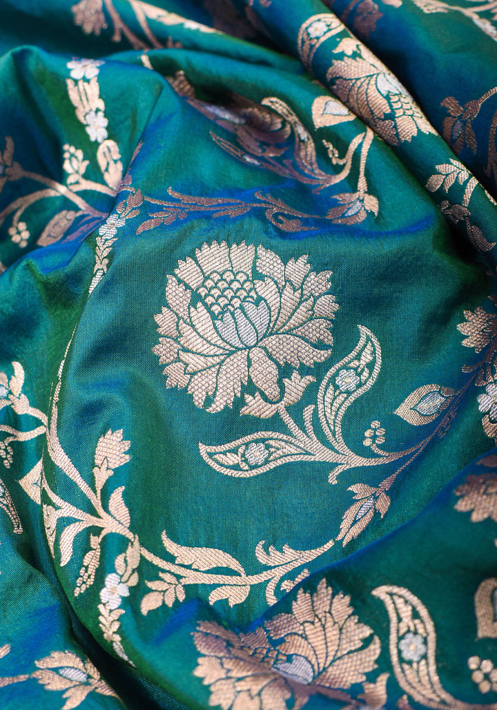 Alfi Pure Katan Silk Banarasi Saree in Dual tone Peacock Blue Green with Floral Jaal Weave | SILK MARK CERTIFIED