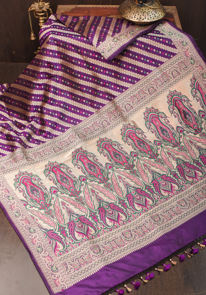 Exquisite Banarasi Silk Saree in Purple with Meenakari Leheria Jaal with Intricate Pallu and Zari  | SILK MARK CERTIFIED