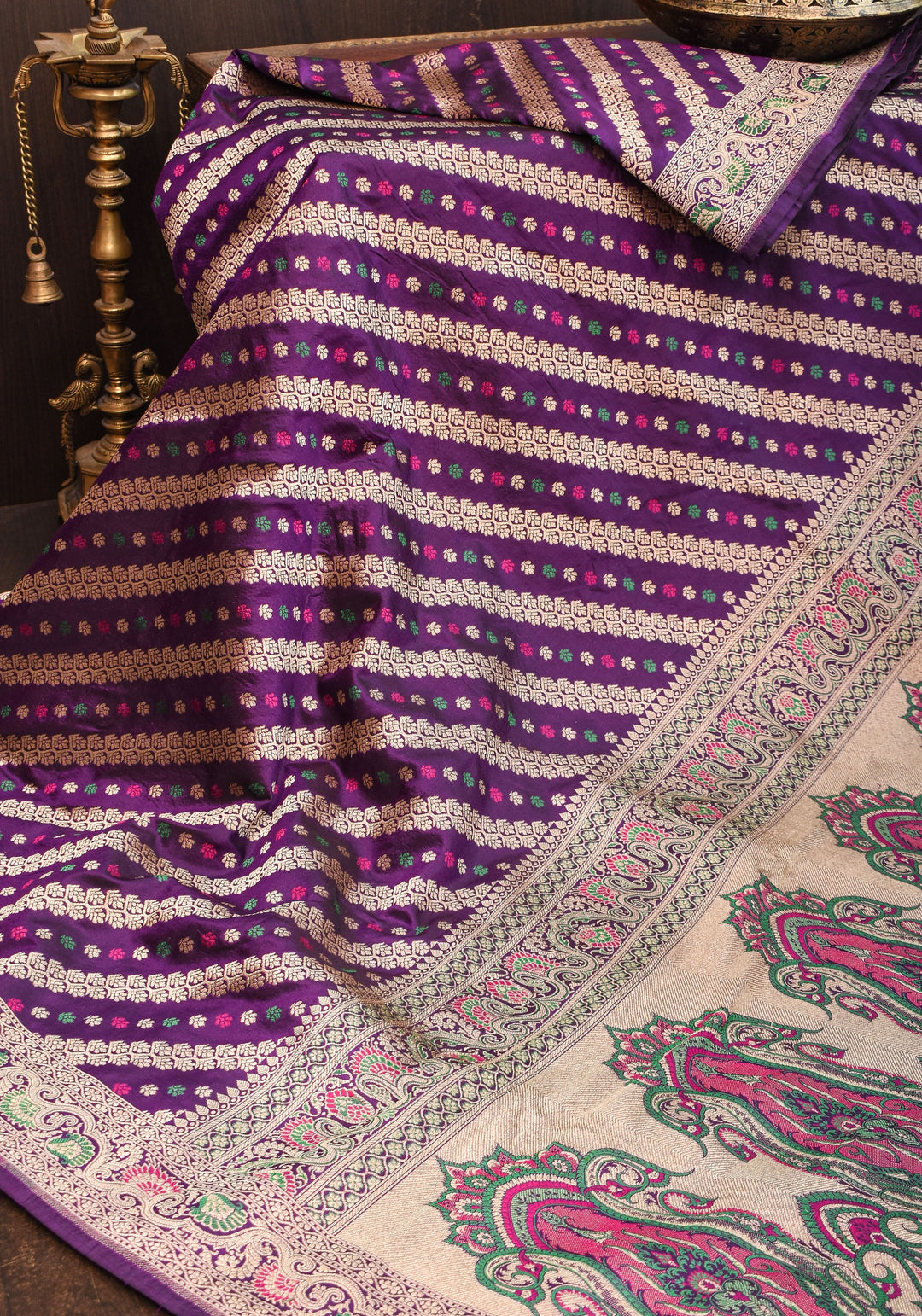 Exquisite Banarasi Silk Saree in Purple with Meenakari Leheria Jaal with Intricate Pallu and Zari  | SILK MARK CERTIFIED