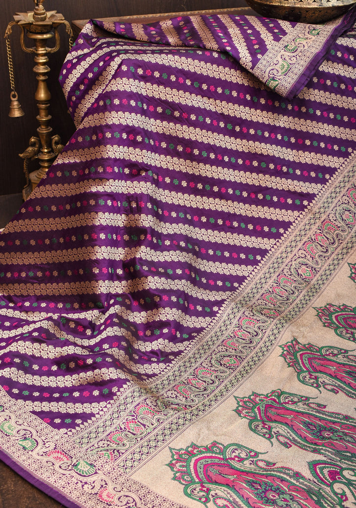 Exquisite Banarasi Silk Saree in Purple with Meenakari Leheria Jaal with Intricate Pallu and Zari  | SILK MARK CERTIFIED