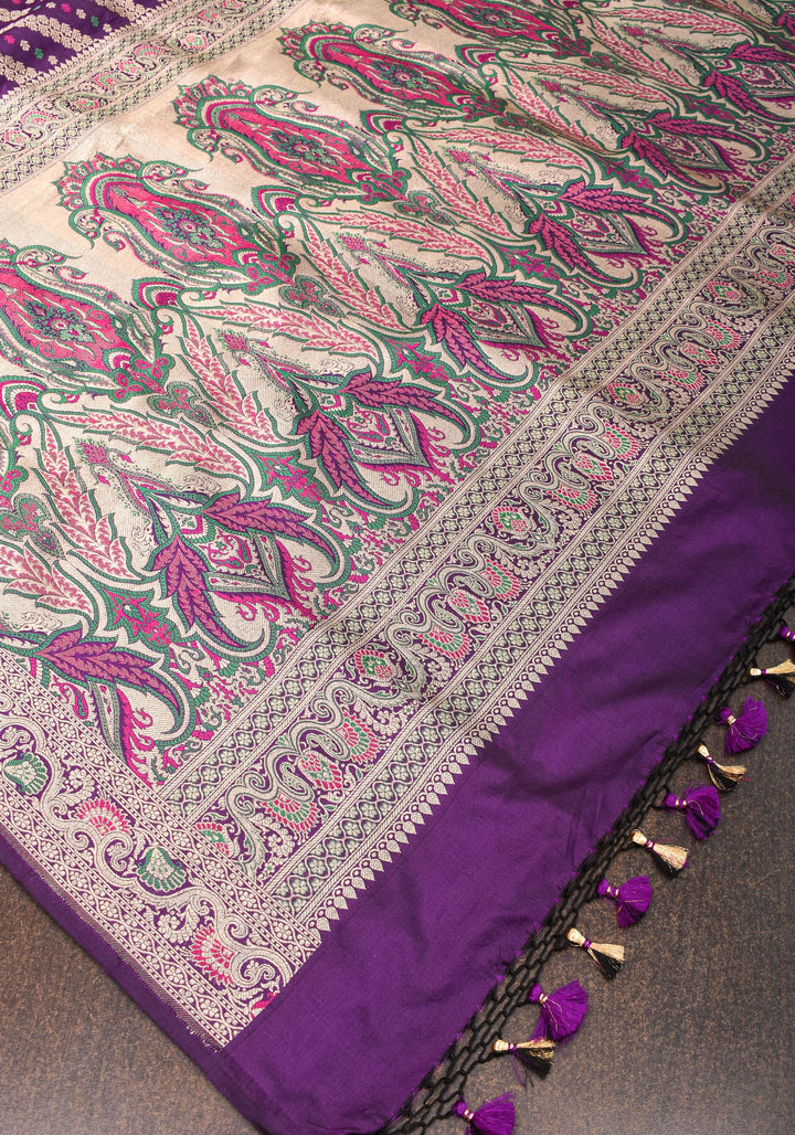 Exquisite Banarasi Silk Saree in Purple with Meenakari Leheria Jaal with Intricate Pallu and Zari  | SILK MARK CERTIFIED