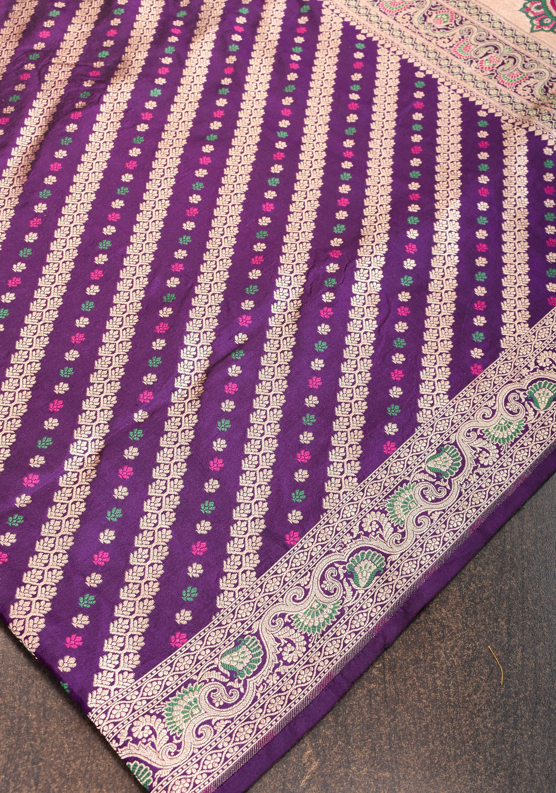 Exquisite Banarasi Silk Saree in Purple with Meenakari Leheria Jaal with Intricate Pallu and Zari  | SILK MARK CERTIFIED