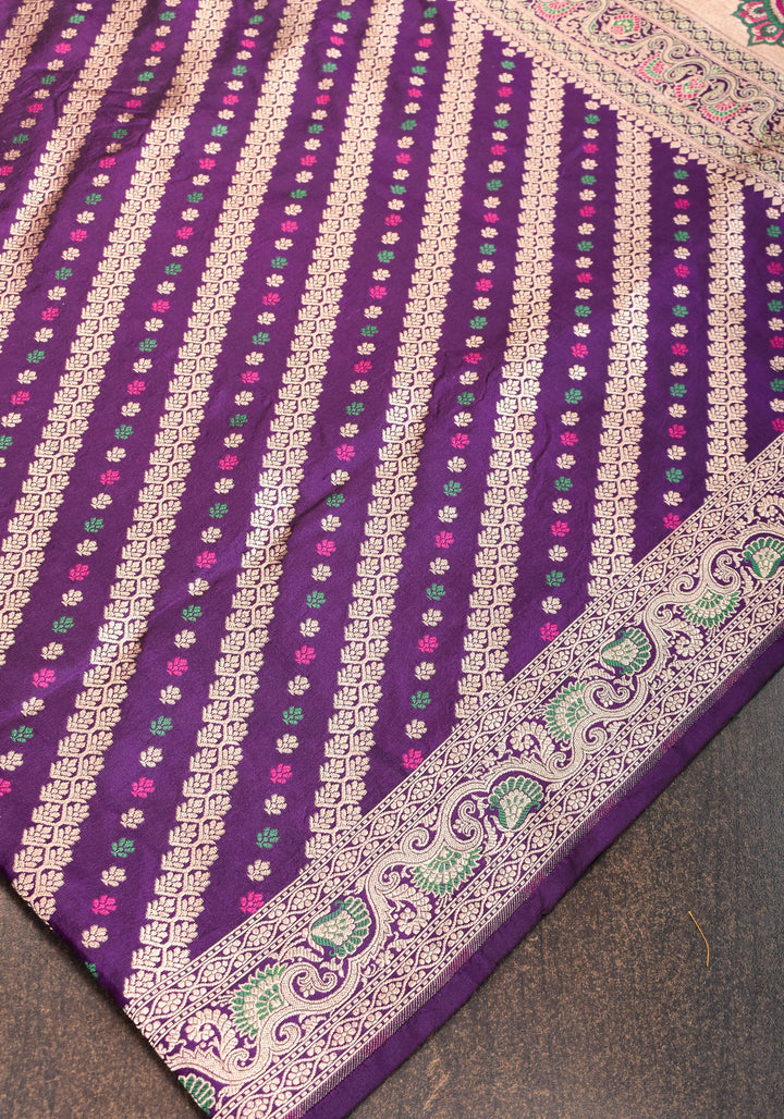Exquisite Banarasi Silk Saree in Purple with Meenakari Leheria Jaal with Intricate Pallu and Zari  | SILK MARK CERTIFIED