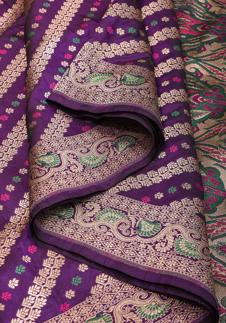 Exquisite Banarasi Silk Saree in Purple with Meenakari Leheria Jaal with Intricate Pallu and Zari  | SILK MARK CERTIFIED