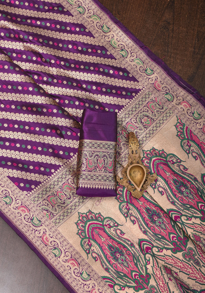 Exquisite Banarasi Silk Saree in Purple with Meenakari Leheria Jaal with Intricate Pallu and Zari  | SILK MARK CERTIFIED