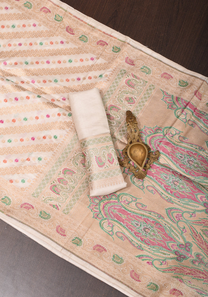 Ivory Exquisite Banarasi Silk Saree with Meenakari Leheria Jaal with Intricate Pallu and Zari  | SILK MARK CERTIFIED