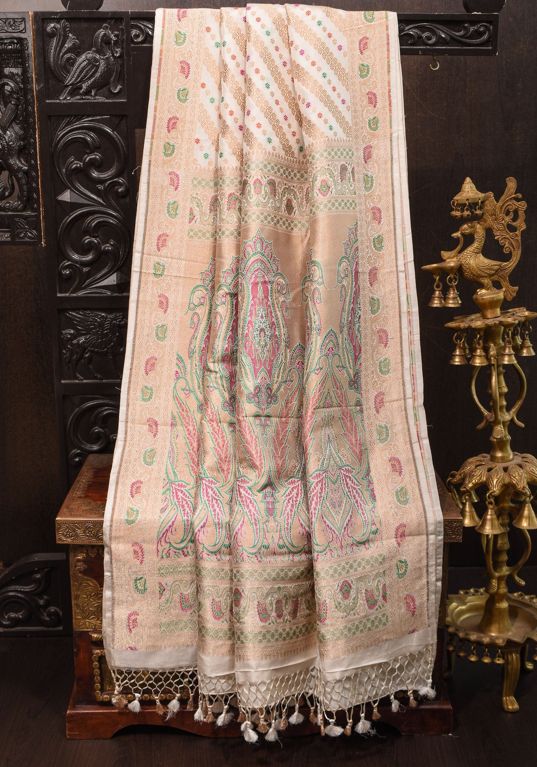 Ivory Exquisite Banarasi Silk Saree with Meenakari Leheria Jaal with Intricate Pallu and Zari  | SILK MARK CERTIFIED