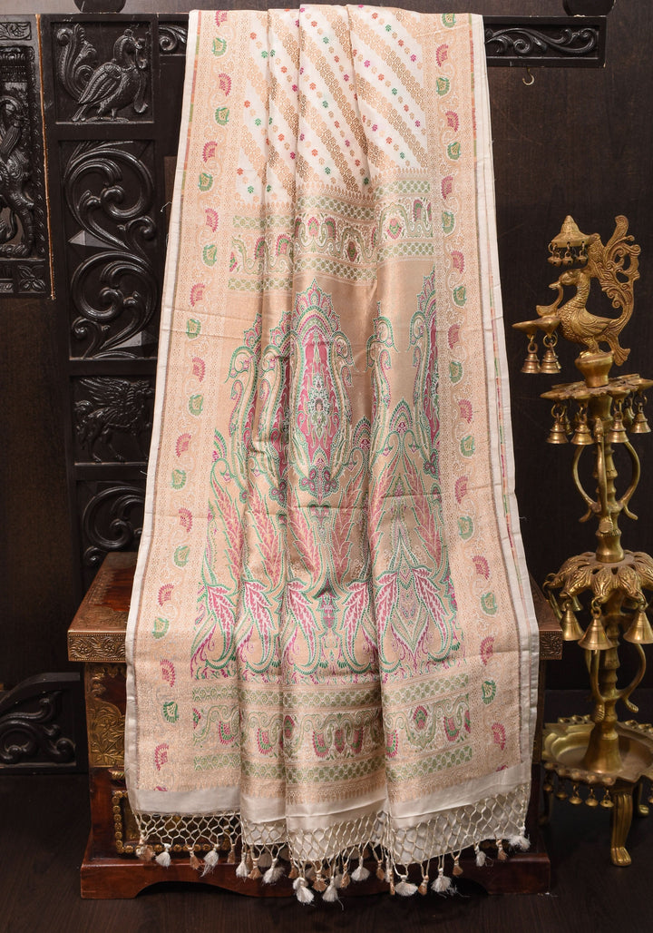 Ivory Exquisite Banarasi Silk Saree with Meenakari Leheria Jaal with Intricate Pallu and Zari  | SILK MARK CERTIFIED