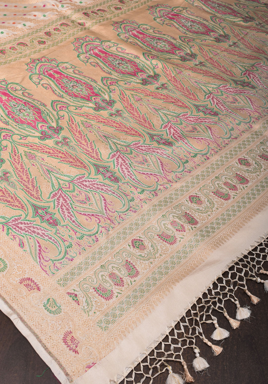 Ivory Exquisite Banarasi Silk Saree with Meenakari Leheria Jaal with Intricate Pallu and Zari  | SILK MARK CERTIFIED