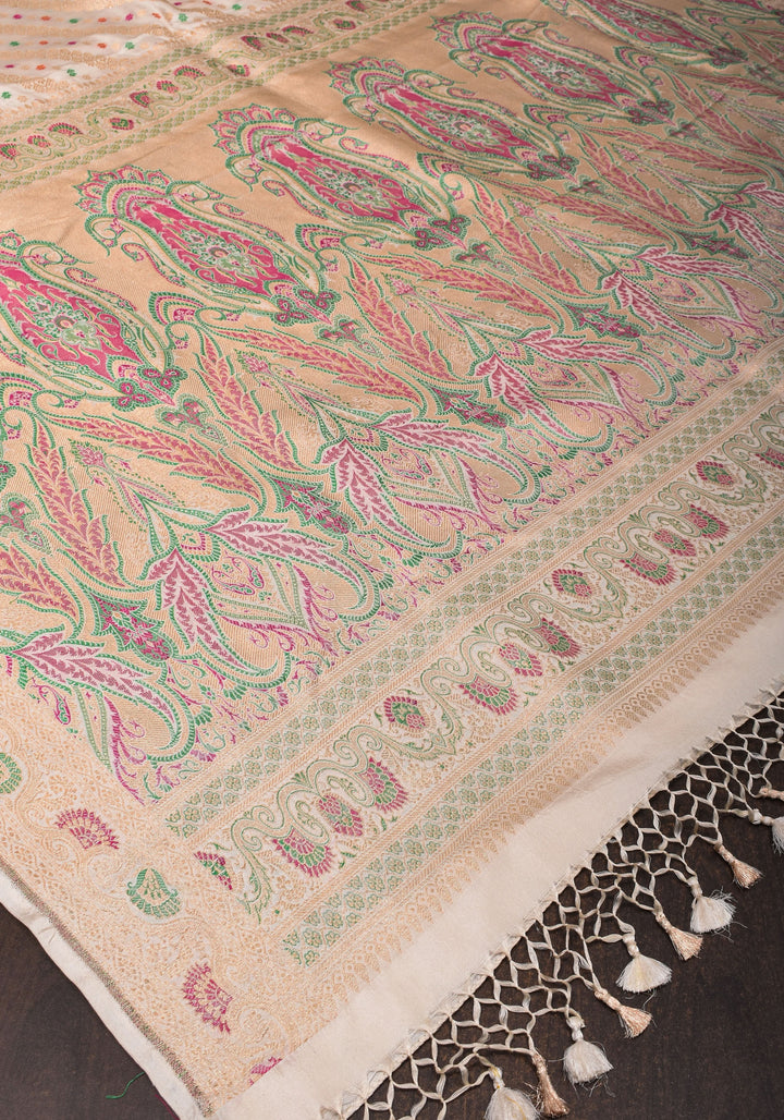 Ivory Exquisite Banarasi Silk Saree with Meenakari Leheria Jaal with Intricate Pallu and Zari  | SILK MARK CERTIFIED