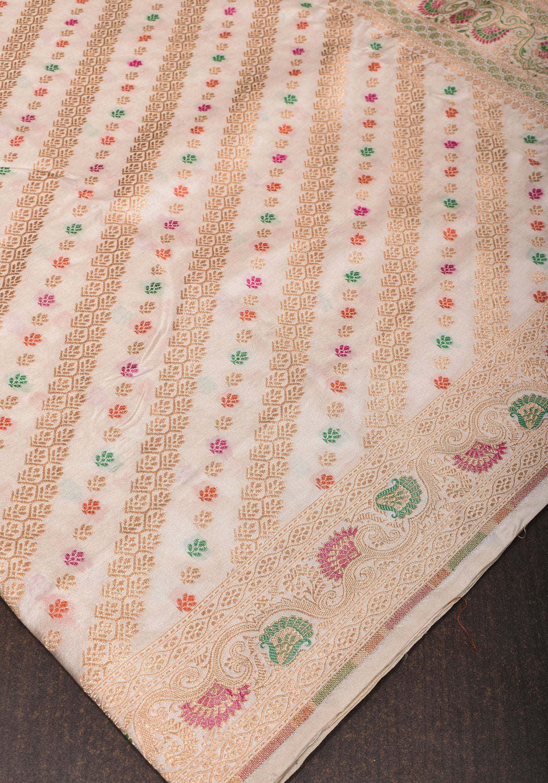 Ivory Exquisite Banarasi Silk Saree with Meenakari Leheria Jaal with Intricate Pallu and Zari  | SILK MARK CERTIFIED