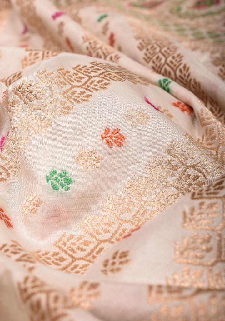 Ivory Exquisite Banarasi Silk Saree with Meenakari Leheria Jaal with Intricate Pallu and Zari  | SILK MARK CERTIFIED
