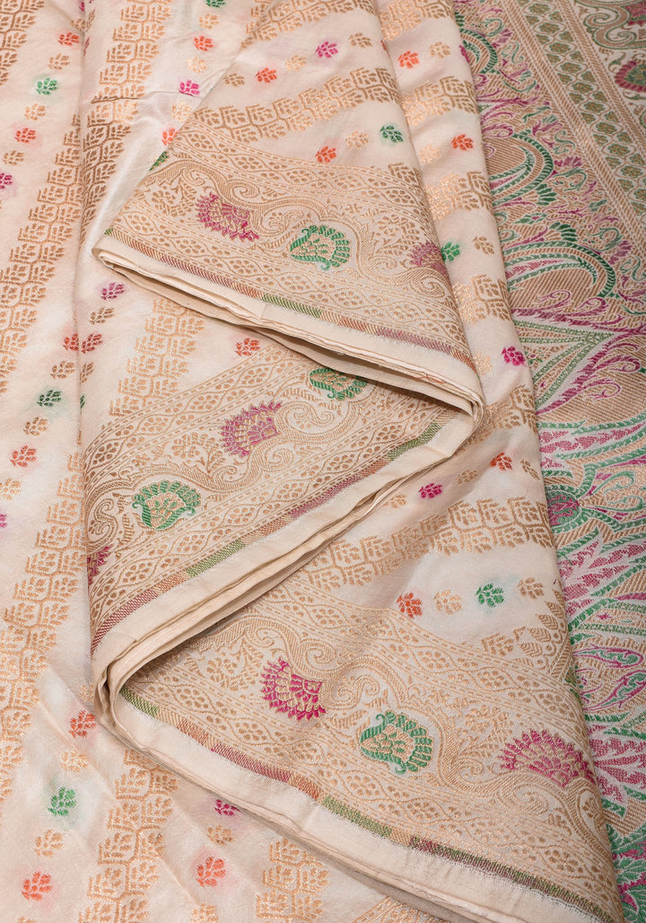 Ivory Exquisite Banarasi Silk Saree with Meenakari Leheria Jaal with Intricate Pallu and Zari  | SILK MARK CERTIFIED