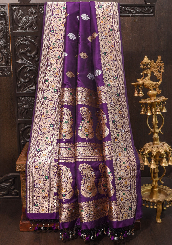 Purple Exquisite Banarasi Katan Silk Saree with Meenakari Border | SILK MARK CERTIFIED